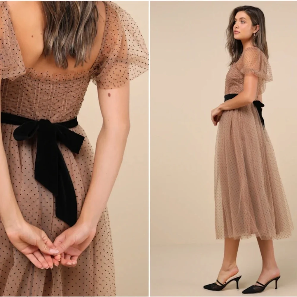 LULU's Sexy Wedding Elegant Boho Flowy Romantic Sweet Swiss Dot Tulle Chic Midi - Picture 7 of 8